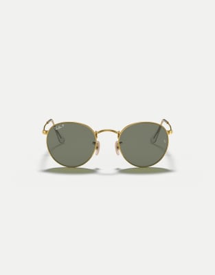 Ray-Ban Round metal round polarised sunglasses with green lens in arista gold