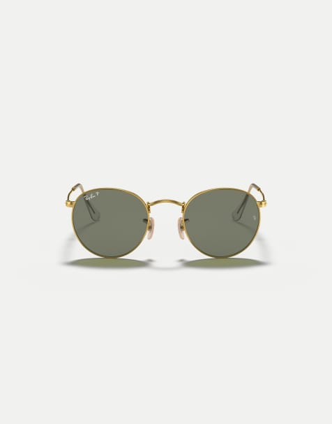 Ray-Ban Round metal round polarised sunglasses with green lens in arista gold - view 1