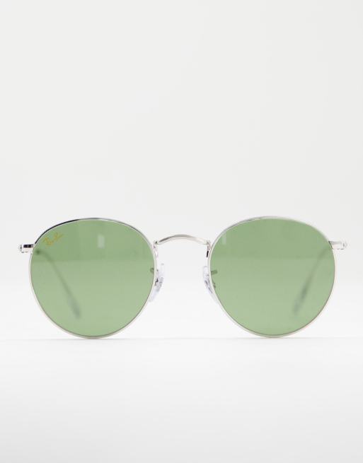 Ray-Ban round sunglasses silver frame with green tint lens | ASOS