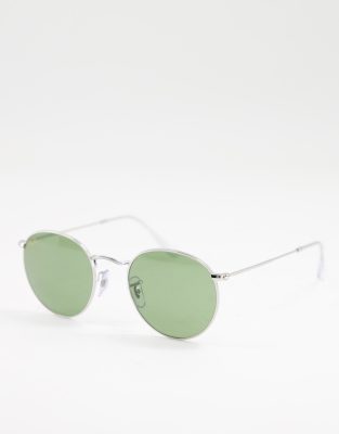 Ray Ban Round Sunglasses Silver Frame With Green Tint Lenses-gold