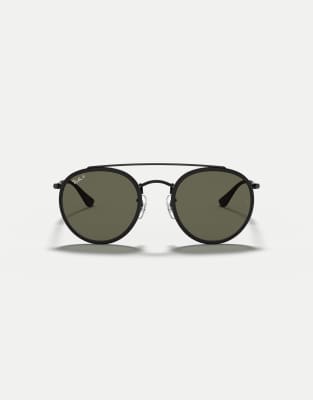 Ray-Ban - Runde, polarisierte Sonnenbrille in Schwarz mit doppeltem Steg und grünen Gläsern