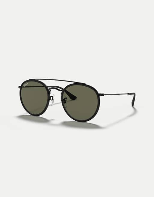Ray-Ban – Runde, polarisierte Sonnenbrille in Schwarz mit doppeltem Steg und grünen Gläsern, 3 von 3