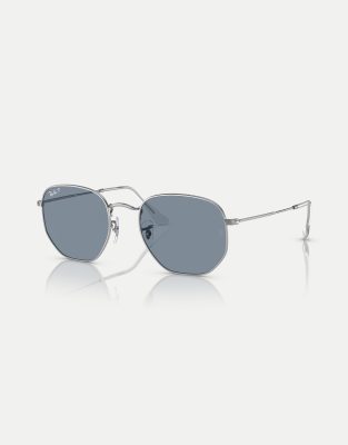 Ray-Ban - Sechseckige, unregelmäßige, polarisierte Sonnenbrille in Silber mit flachen Gläsern in Blau