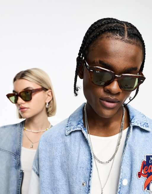 Ray-Ban – Skate Street – Kwadratowe szylkretowe okulary przeciwsłoneczne z zielonymi szkłami