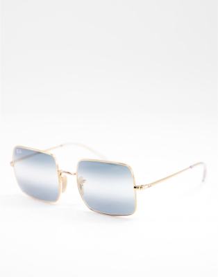 Ray Ban Square Metal Sunglasses In Gold With Blue Lens
