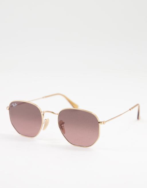 Ray-Ban – Sześciokątne okulary przeciwsłoneczne ze złotymi oprawkami i fioletowymi szkłami