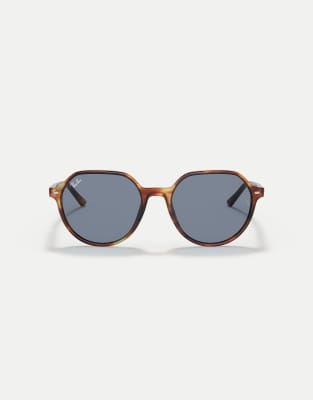 Ray-Ban - Thalia - Eckige Sonnenbrille in gestreiftem Havana mit blauen Gläsern-Braun