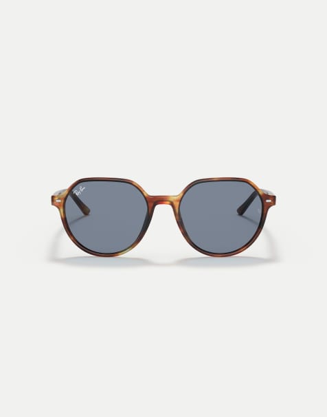 Ray-Ban Thalia square sunglasses with blue lens in striped havana - view 1