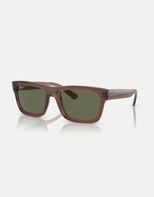 Ray-Ban - Warren - Rechteckige, polarisierte Sonnenbrille in transparentem Braun mit Gläsern in Grün-Brown