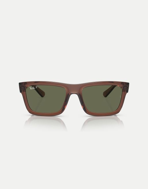 Ray-Ban warren  rectangle polarised sunglasses in brown with green lens in transparent brown, 3 of 4