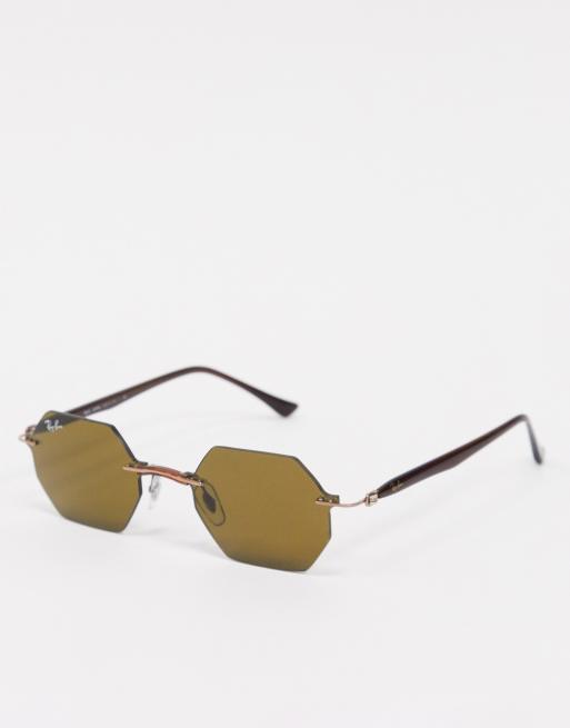 Ray-Ban – Wąskie sześciokątne okulary przeciwsłoneczne bez oprawek w kolorze brązowym 