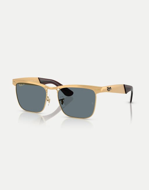 Ray-Ban – Wayfarer Deluxe – Eckige, polarisierte Sonnenbrille in sandgestrahltem Legendengold mit blauen Gläsern, 2 von 3