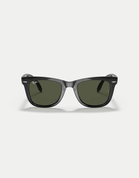Ray-Ban Wayfarer folding classic square sunglasses with green lens in black - view 1