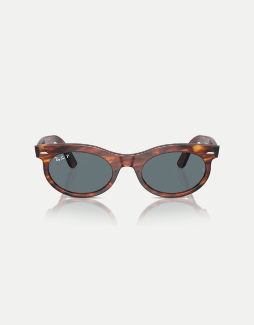 Ray-Ban - Wayfarer - Occhiali da sole ovali polarizzati havana a righe con lenti blu
