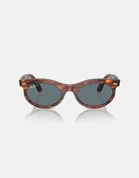 Ray-Ban Wayfarer oval oval polarised sunglasses with blue lens in striped havana - view 1