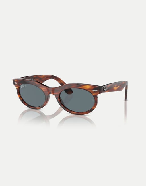 Ray-Ban Wayfarer oval oval polarised sunglasses with blue lens in striped havana, 3 of 3