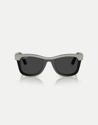 Ray-Ban Wayfarer street neat square polarised sunglasses with black lens in grey on black