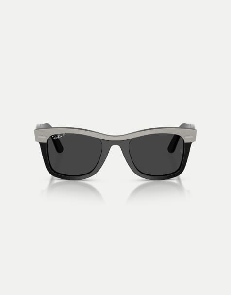 Ray-Ban Wayfarer street neat square polarised sunglasses with black lens in grey on black - view 1