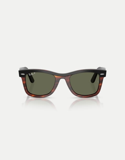 Ray-Ban Wayfarer street neat square polarised sunglasses with green lens in black on havana