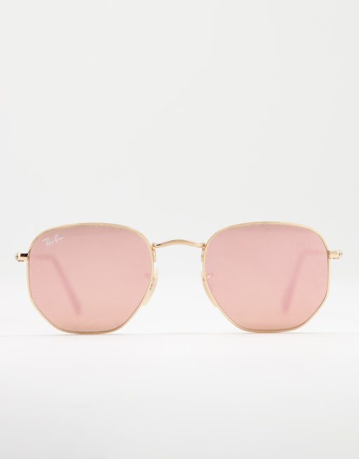 Ray-Ban - Zeshoekige zonnebril in goud met roze glazen, 3 van 4