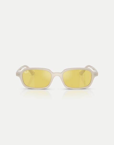Ray-Ban Zuri  rectangle sunglasses with yellow mirrored lens in cloudy warm white - view 1