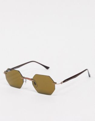 Rayban – Sechseckige Sonnenbrille in Braun ohne Rahmen