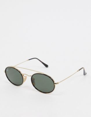 Rayban slim oval sunglasses with bar detail in black and gold