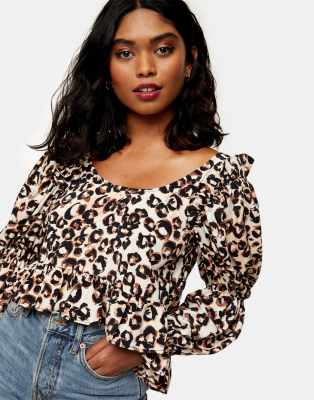 Рубашки и блузки  Asos Разноцветная укороченная блузка с отделкой на спине и звериным принтом Topshop-Коричневый цвет