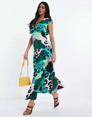 Платья для вечеринок  Asos Разноцветное платье макси с глубоким вырезом спереди и звериным принтом Liquorish-Разноцветный
