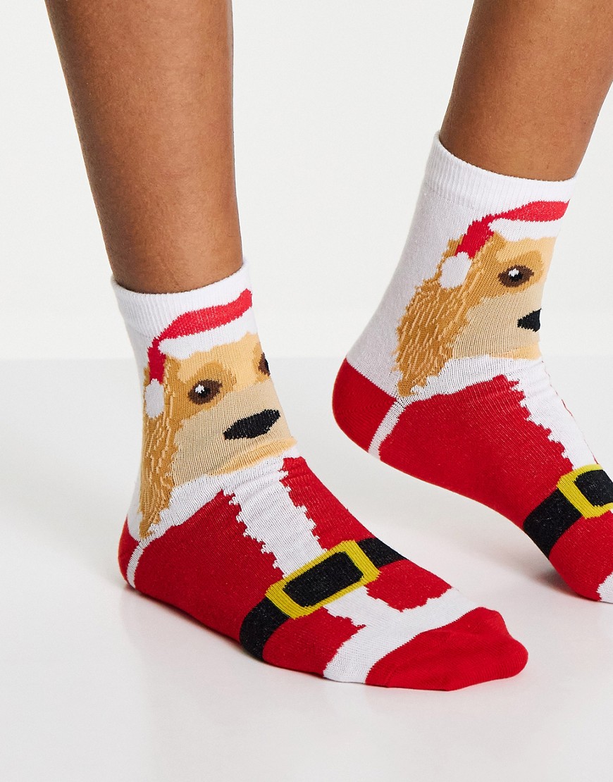 фото Разноцветные новогодние носки до щиколотки с принтом собаки в костюме санты-клауса asos design-разноцветный