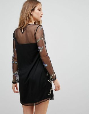 embroidered mesh dress long sleeve