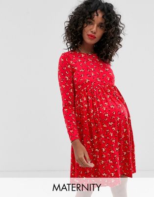 Rød langærmet smock-kjole med blomstermønster fra New Look Maternity