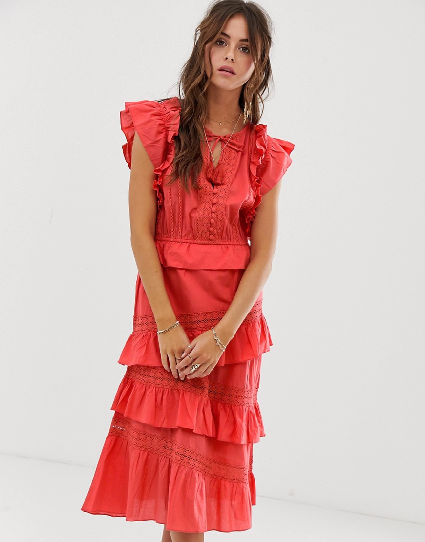 RD+KOKO ruffle tie front dress with lace inserts-Pink