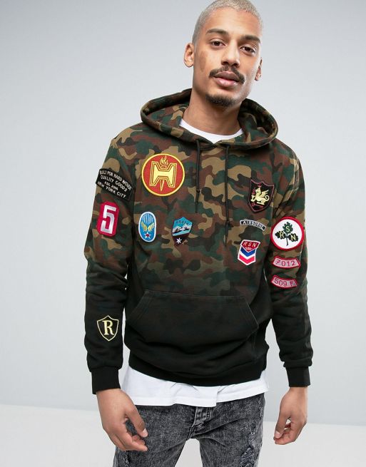 Reason Hoodie In Camo Dip Dye With Patches | ASOS