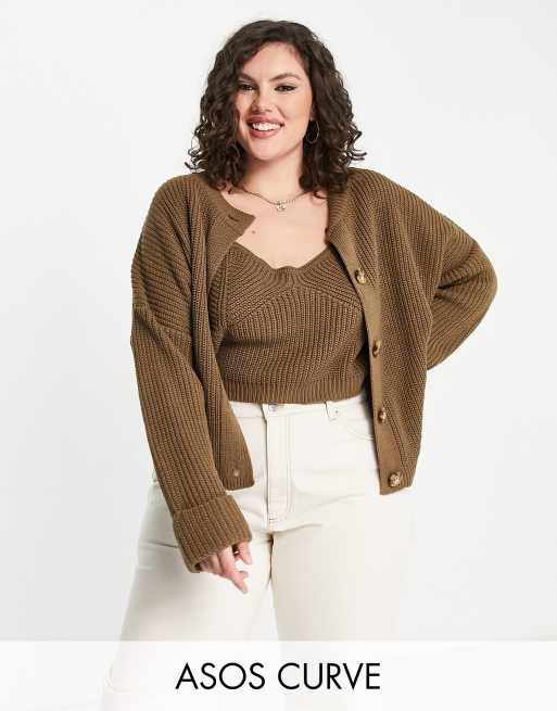 Rebeca marrón topo con cuello redondo de canalé de ASOS DESIGN Curve (parte de un conjunto)