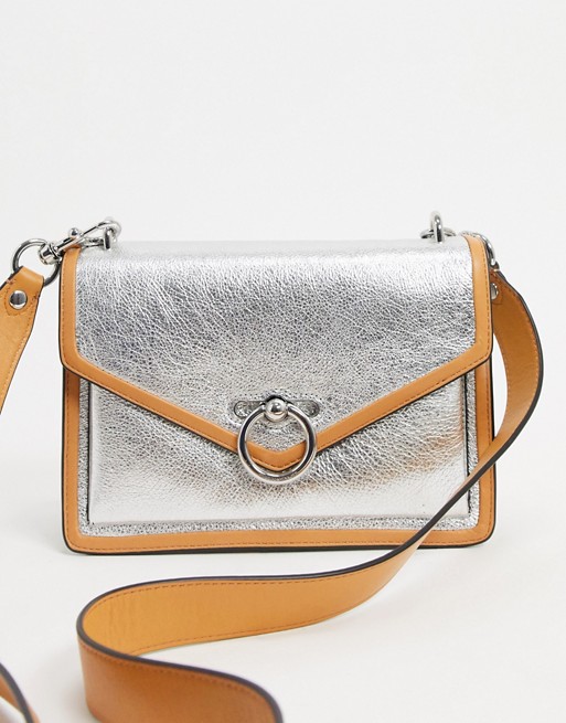 Rebecca Minkoff jean leather shoulder bag in silver with contrast brown strap