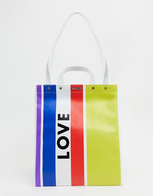 Rebecca Minkoff leather magazine tote bag with love logo in rainbow stripe