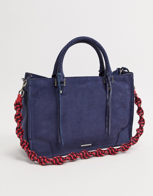 Rebecca Minkoff reagan leather satchel tote bag with cording strap in navy