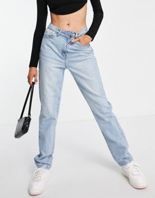 Rebellious Fashion asymmetric waist straight jeans in light blue