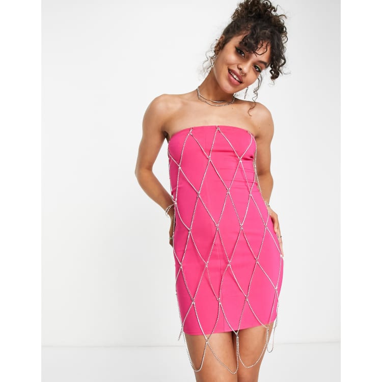 Rebellious Fashion bandeau mini dress with rhinestone overlay in pink | ASOS
