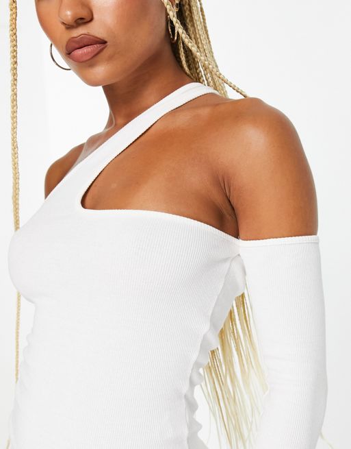 Rebellious Fashion – Biała prążkowana sukienka mini z asymetrycznym  dekoltem i jednym rękawem | ASOS