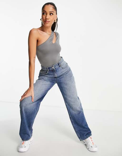 Rebellious Fashion - Body monospalla aderente grigio scuro con cut-out 