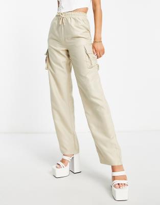 Stone Elasticated Waist Wide Leg Cargo Trousers