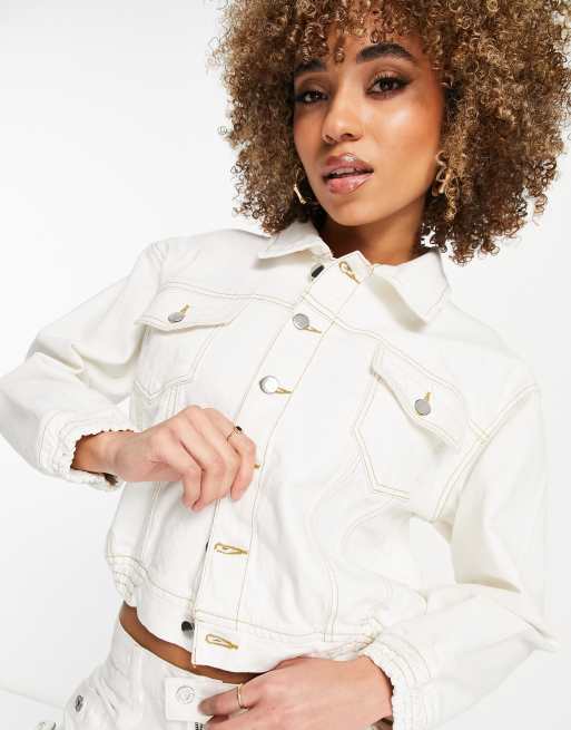 White contrast discount stitch denim jacket