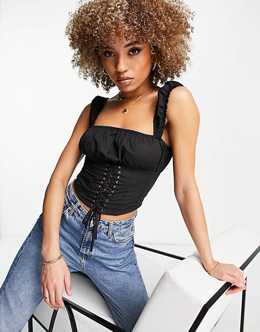 Rebellious Fashion Corset Lace Up Crop Top In Black ASOS