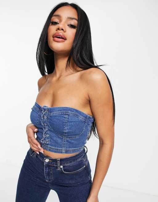 Rebellious Fashion - Corsetto a fascia di jeans con lacci blu