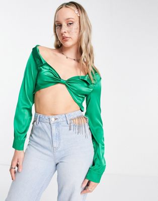 Rebellious Fashion satin twist front crop top in green - ASOS Price Checker