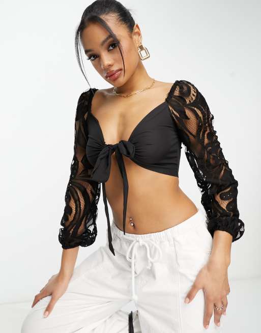 Rebellious Fashion - Crop top nero in pizzo con maniche a sbuffo allacciato sul davanti