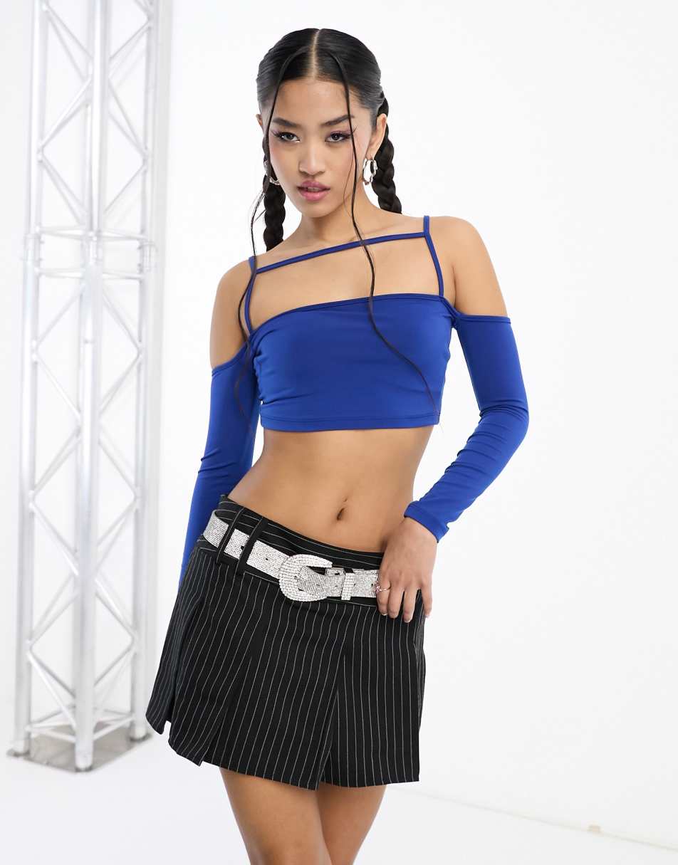 Rebellious Fashion crop top with strap details in cobalt