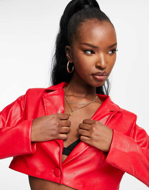 Rebellious Fashion cropped leather look blazer co-ord in red, 4 of 4